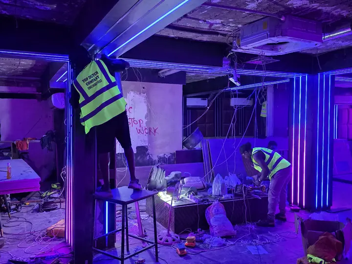 Blue ambient ceiling and lighting finish in progress